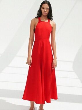 Zara Red Linen Summer Midi Dress. Cross open Back.